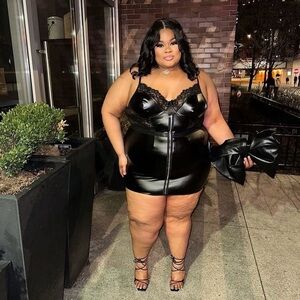 Black Faux Leather Mini Dress with Lace Trim